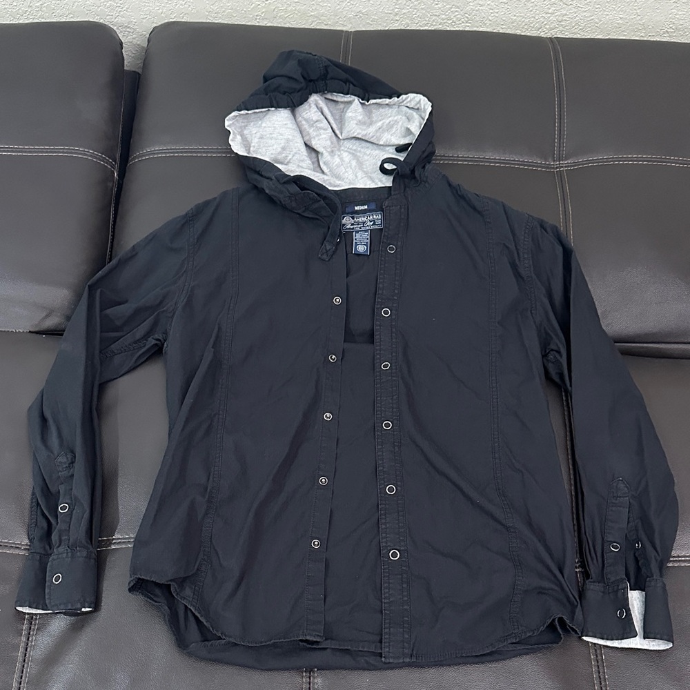American Rag Black Hooded Button-Up Shirt Men’s Size Medium
